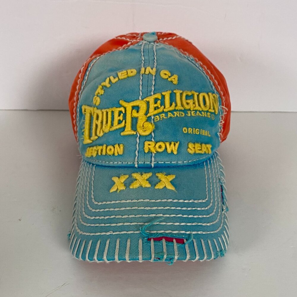 Vintage True Religion Distressed Hat Section Row Seat XXX Light Blue Orange